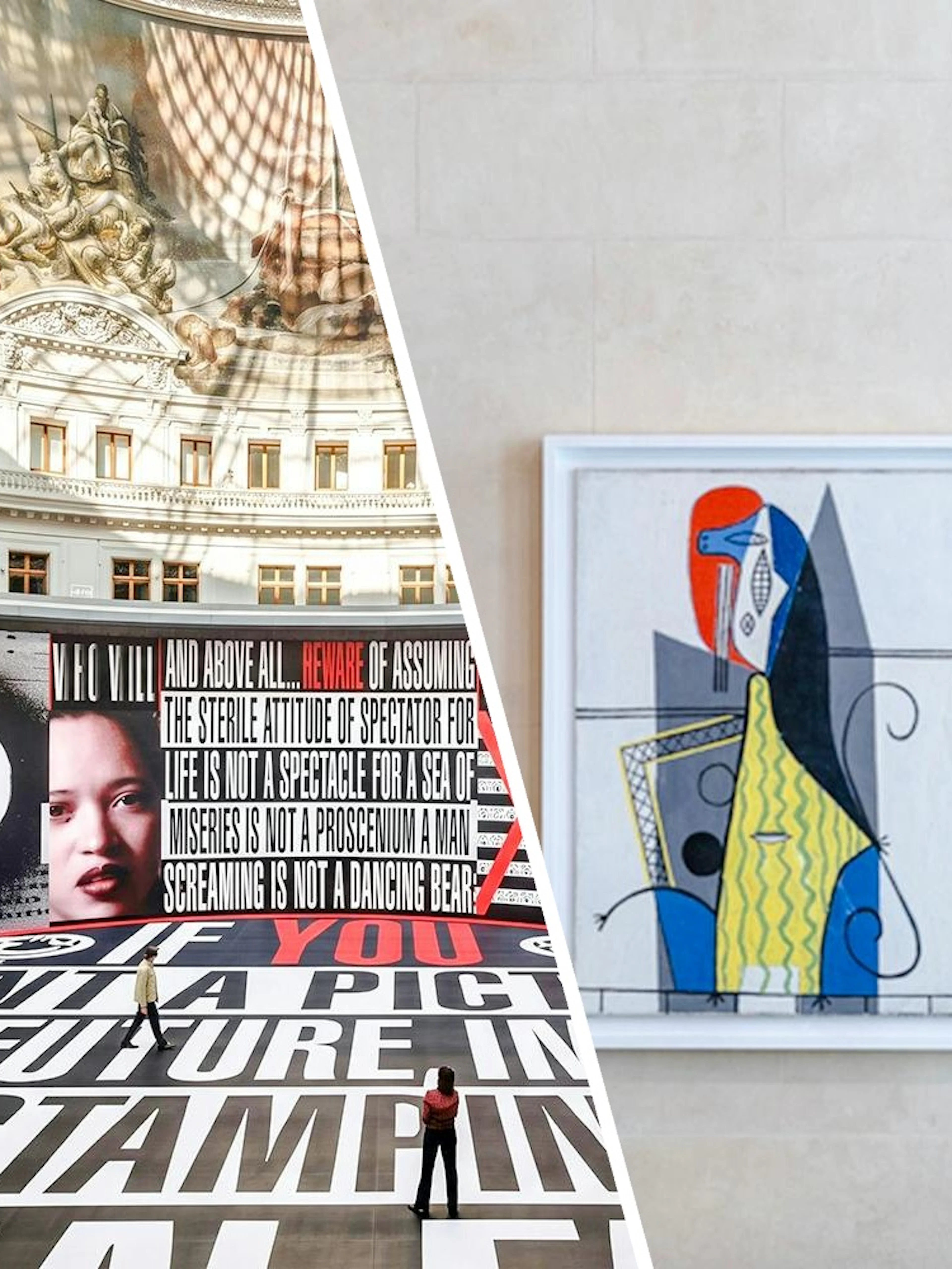 Bourse de Commerce Pinault Collection interior with modern art installations and classical architecture.