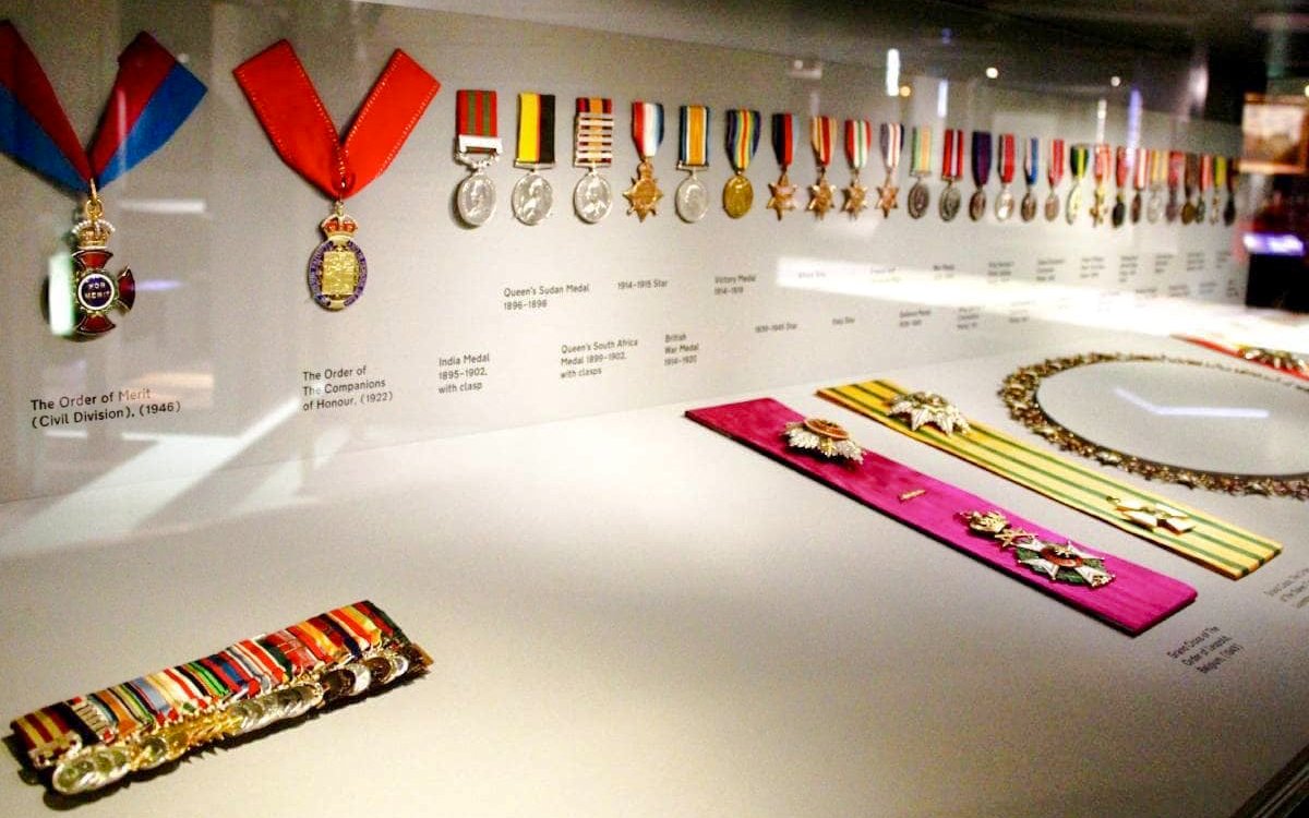 Medals and honors displayed in the Churchill War Rooms, London.