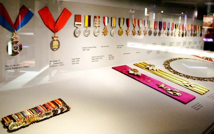 Medals and honors displayed in the Churchill War Rooms, London.