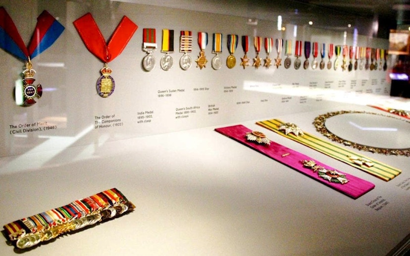 Medals and honors displayed in the Churchill War Rooms, London.