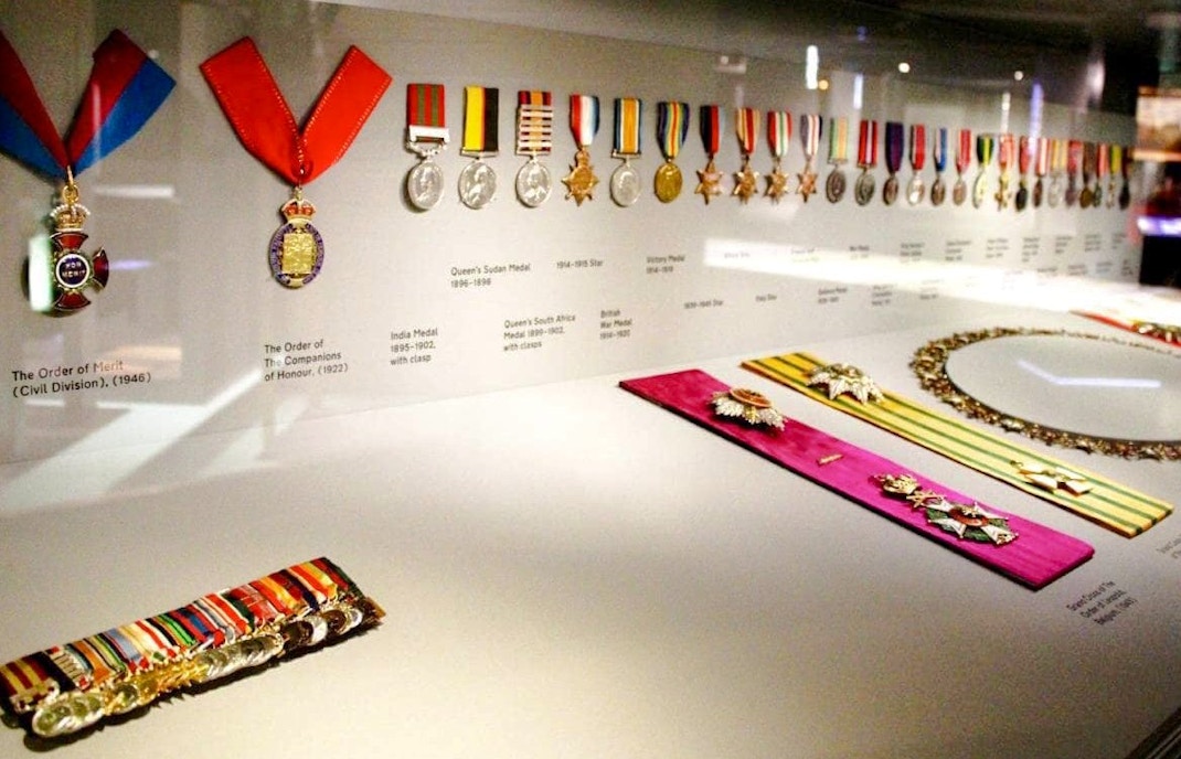 Medals and honors displayed in the Churchill War Rooms, London.
