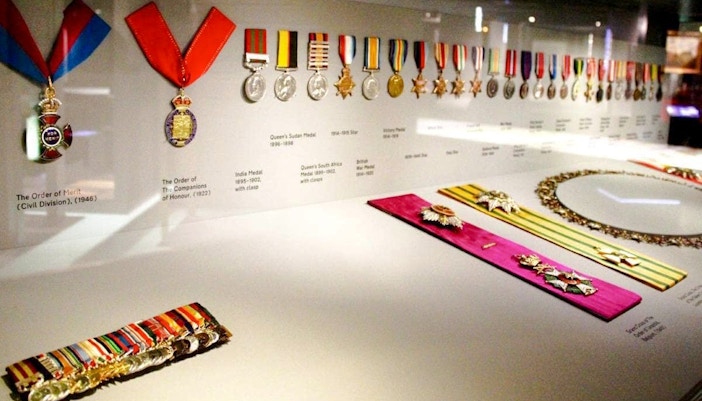 Medals and honors displayed in the Churchill War Rooms, London.