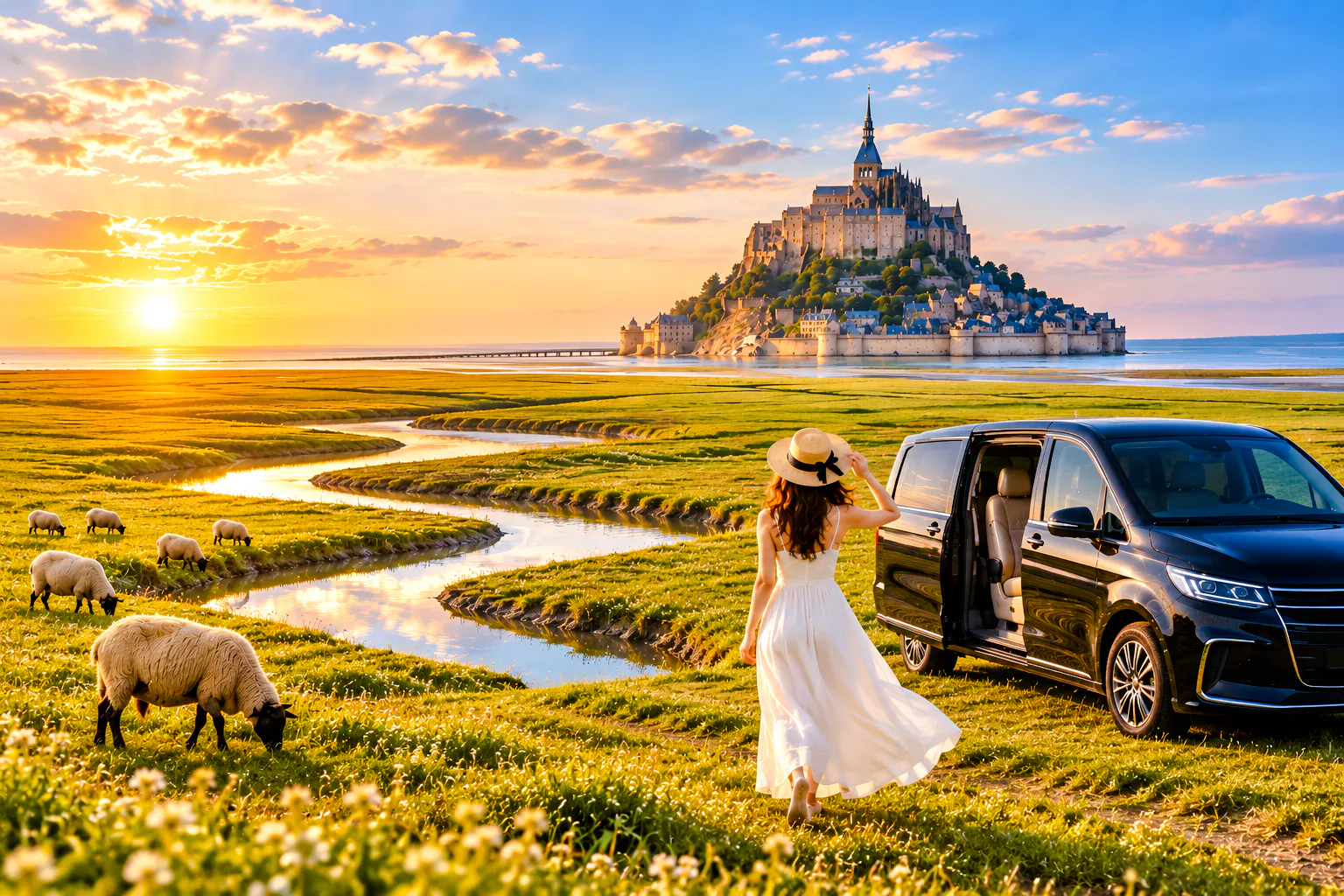 Woman walking towards Mont Saint-Michel at sunset with a van parked nearby, Paris day trip.
