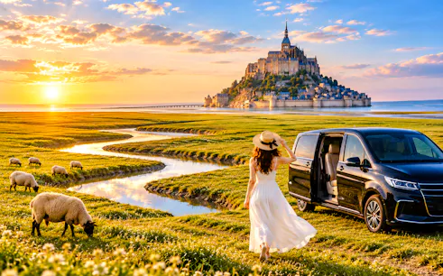 Woman walking towards Mont Saint-Michel at sunset with a van parked nearby, Paris day trip.
