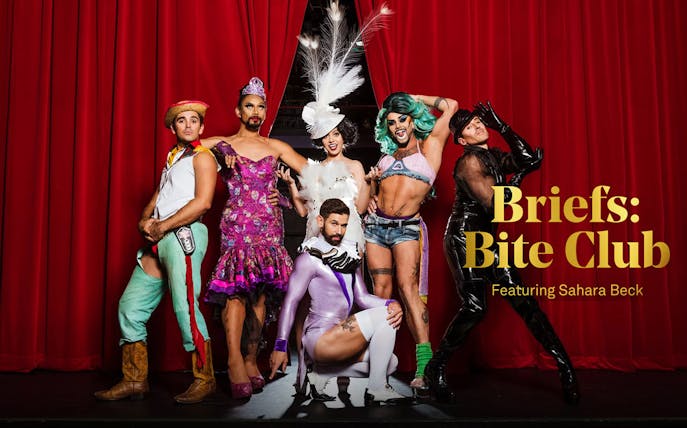 Performers in colorful costumes on stage for Briefs: Bite Club show.