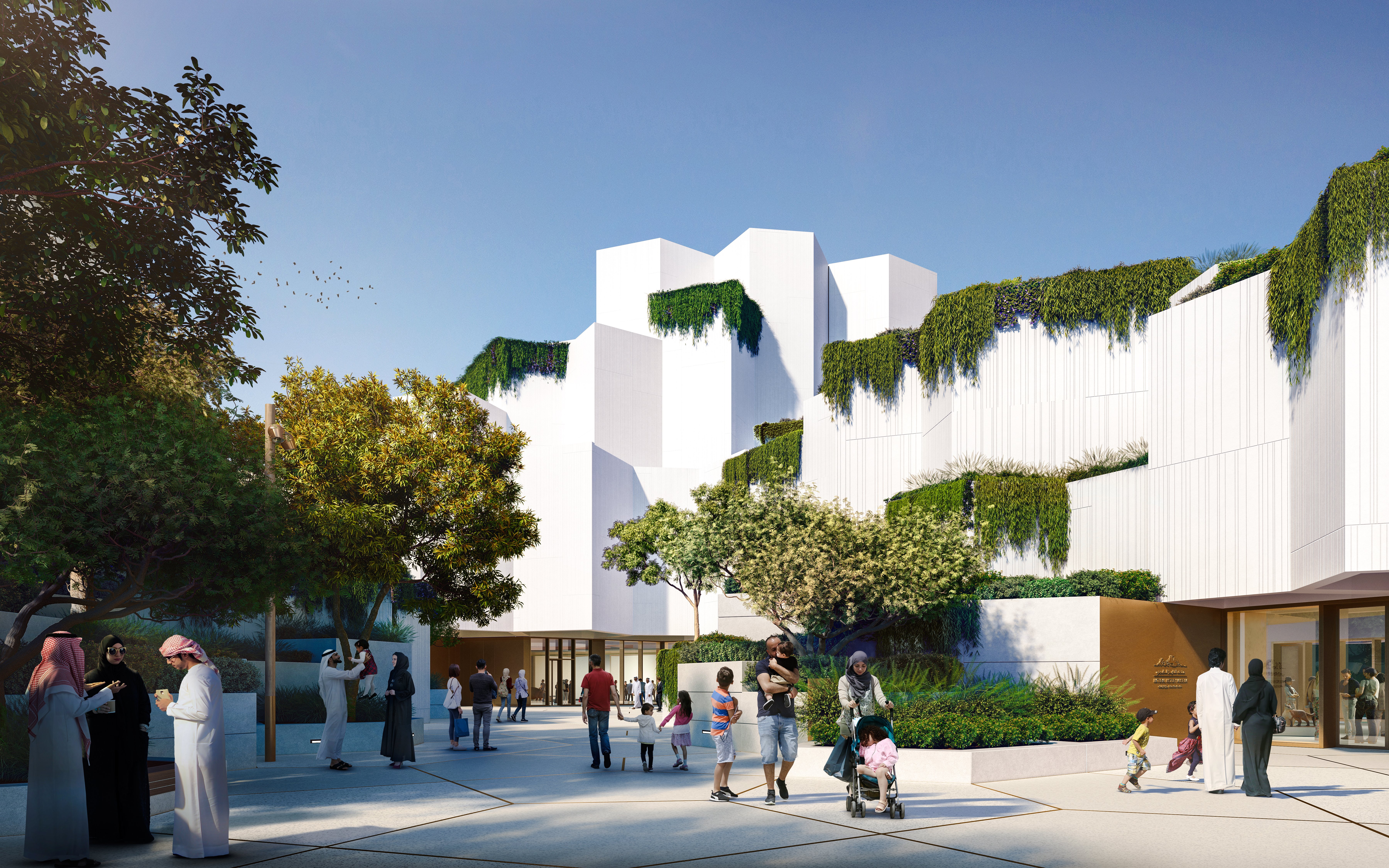 National History Museum Abu Dhabi exterior with visitors and greenery.
