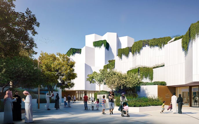 National History Museum Abu Dhabi exterior with visitors and greenery.