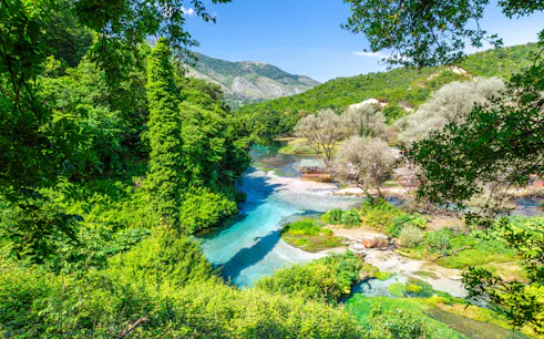 Blue Eye water spring surrounded by lush greenery in Albania.