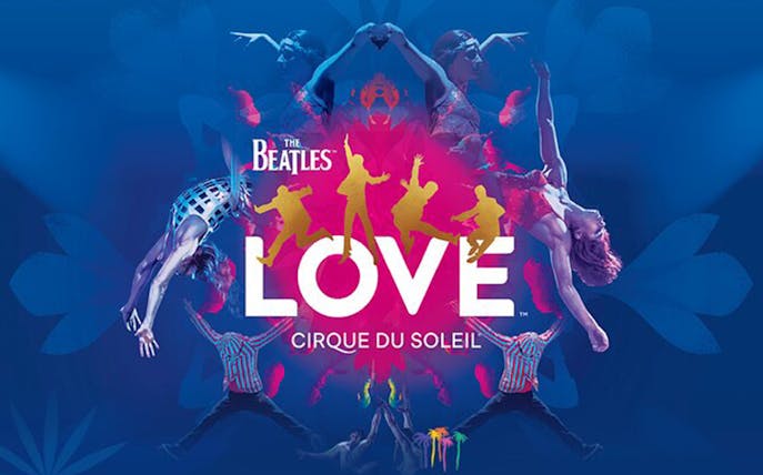 The Beatles LOVE Cirque du Soleil poster with acrobats and colorful silhouettes.