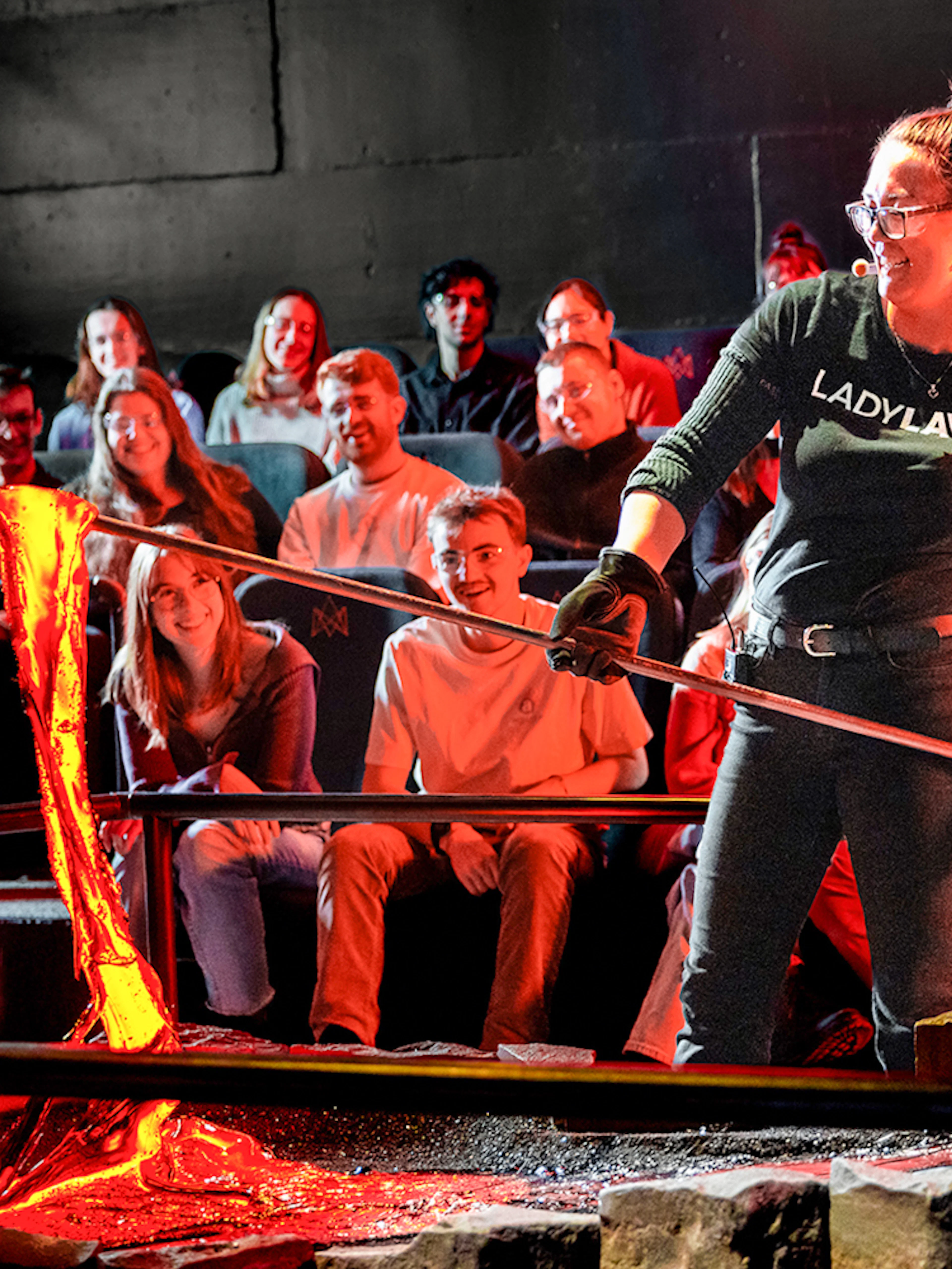 Guests watching a live lava demonstration in Reykjavik.