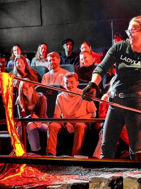 Guests watching a live lava demonstration in Reykjavik.