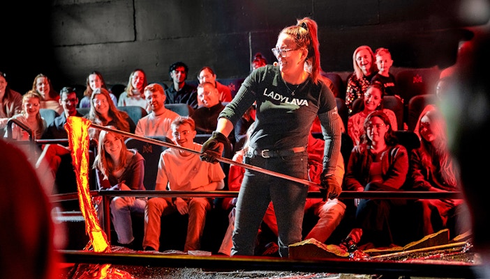 Guests watching a live lava demonstration in Reykjavik.