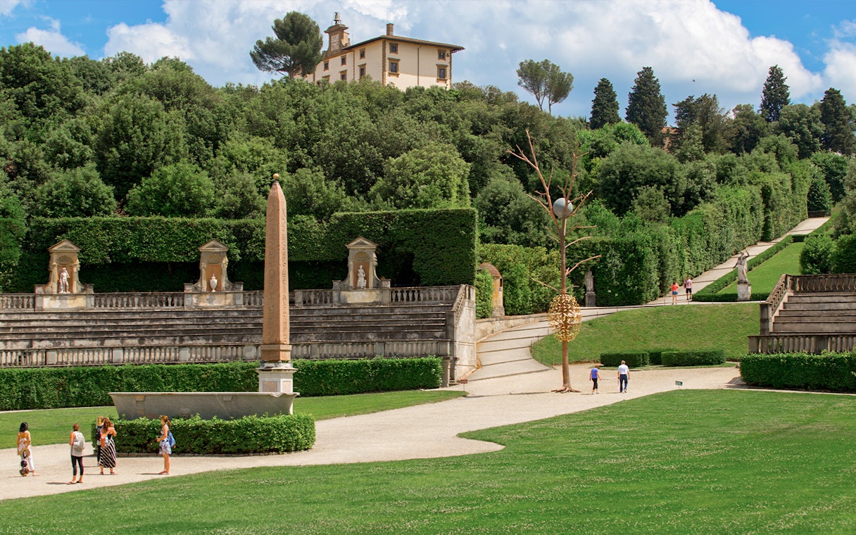 Boboli Gardens Florence with historic sculptures and manicured landscapes.