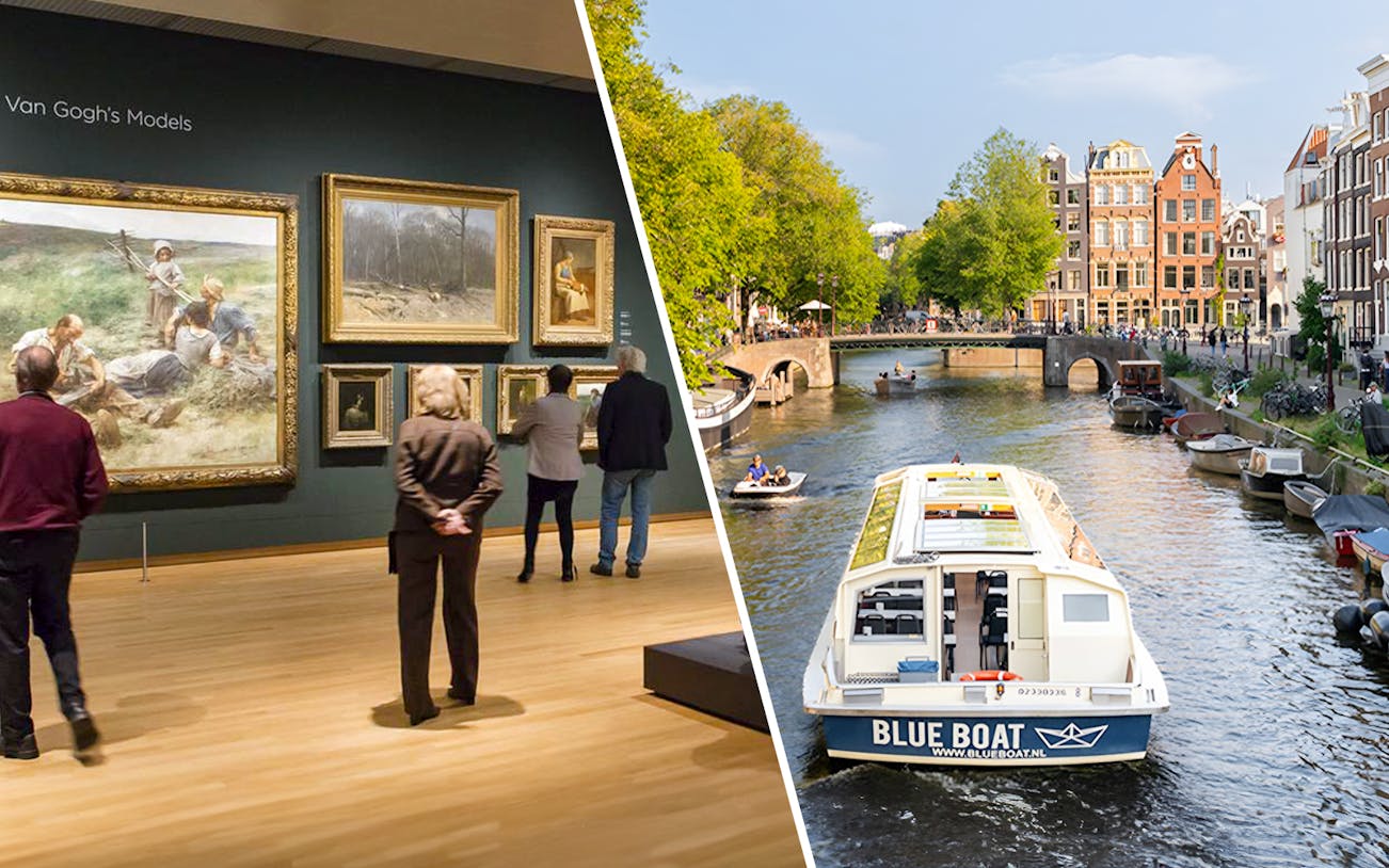 Van Gogh Museum art gallery and Amsterdam canal cruise boat.