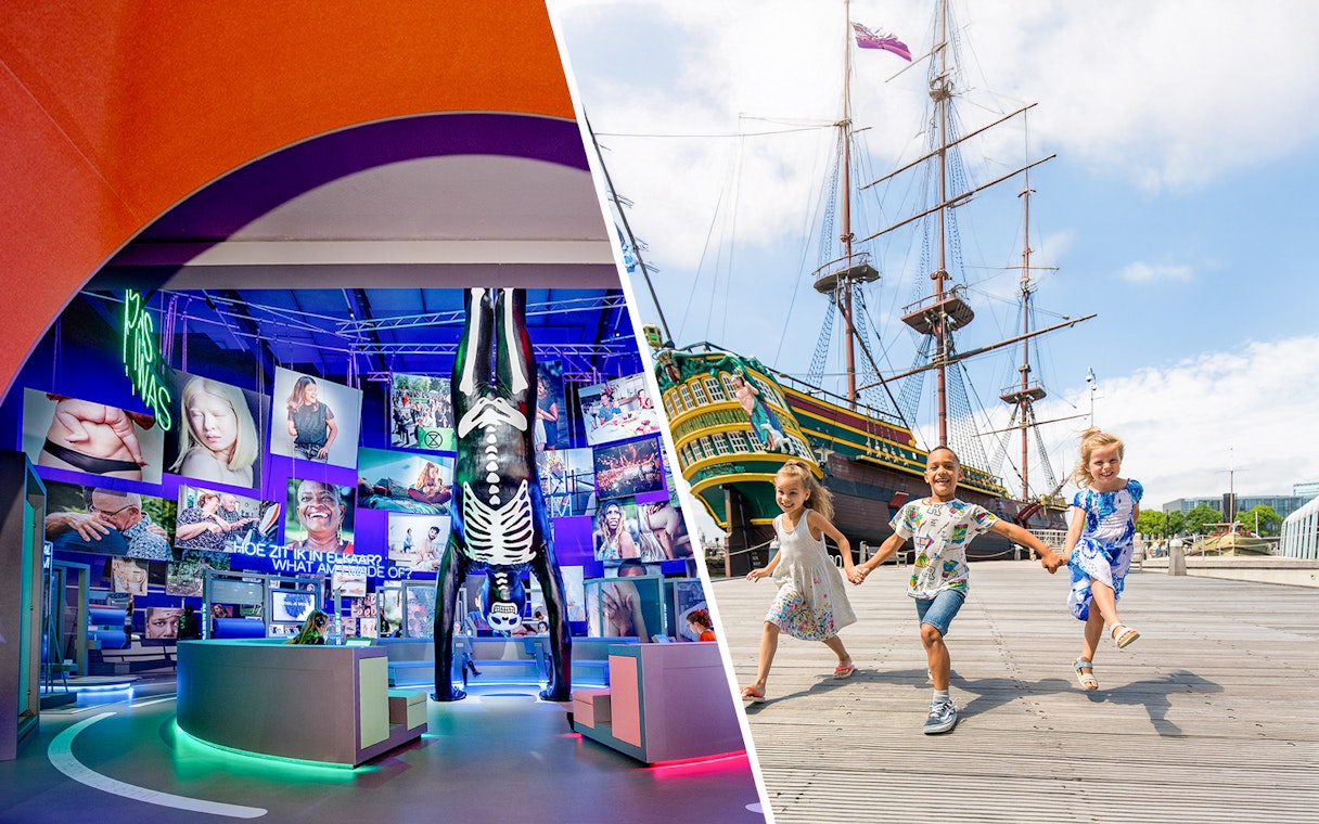 Handstand exhibit at NEMO Science Museum, Amsterdam, with children playing near a historic ship.