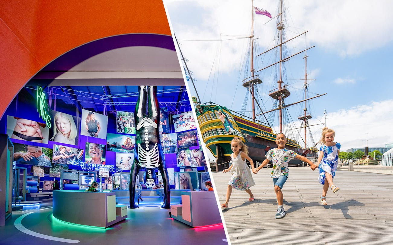 Visitors performing handstands at NEMO Science Museum's Humania exhibit in Amsterdam.