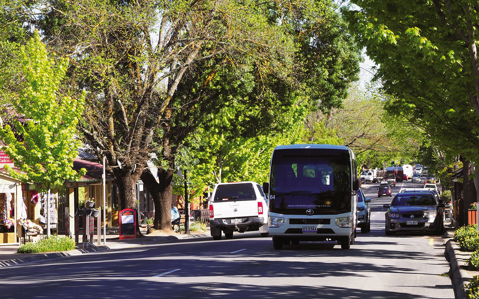 Street view of Hahndorf in Adelaide Hills with cars and lush trees lining the road.