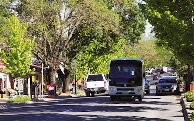 Street view of Hahndorf in Adelaide Hills with cars and lush trees lining the road.