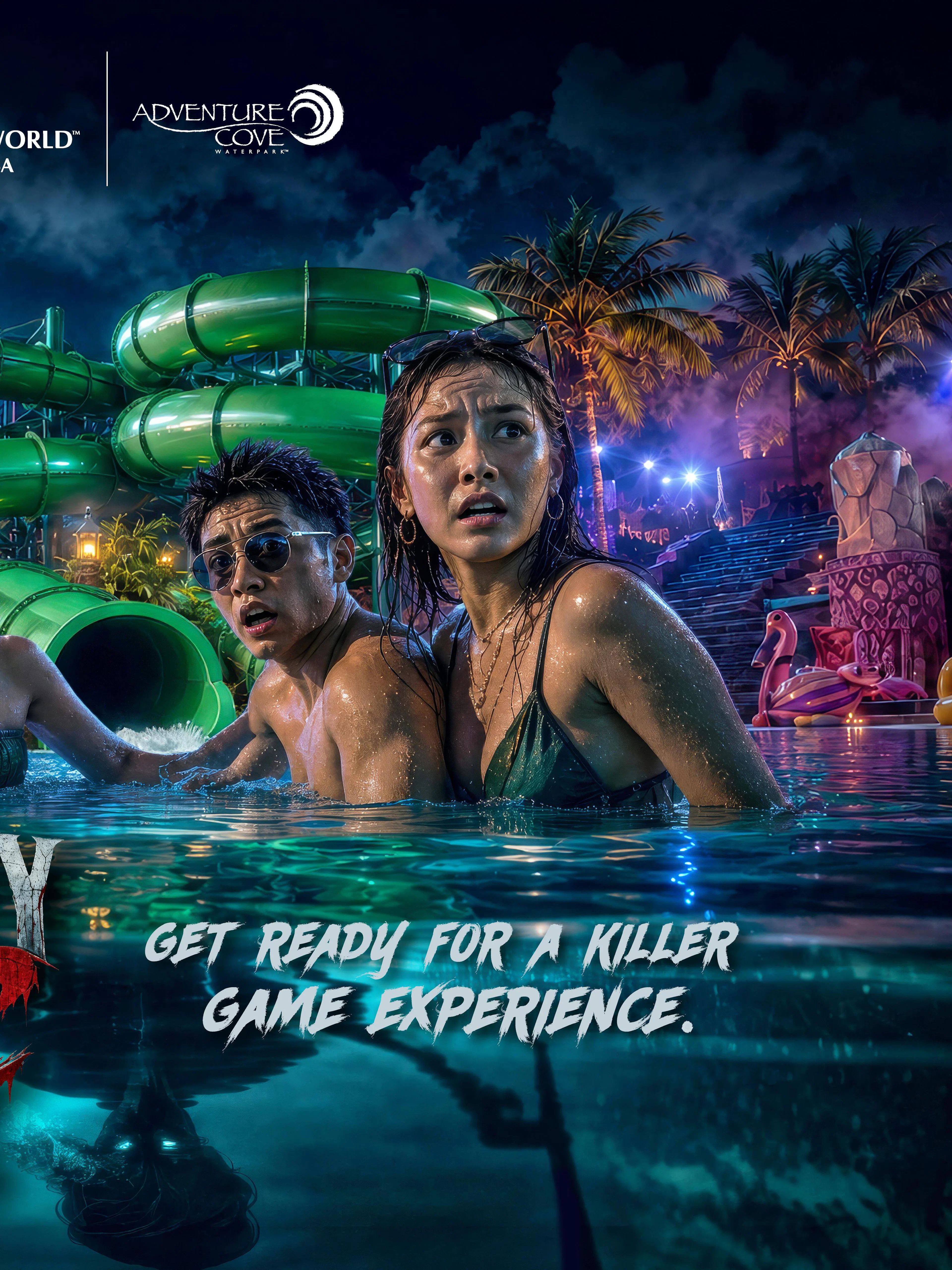 Guests in a pool at night with water slides and palm trees, Resorts World Sentosa.