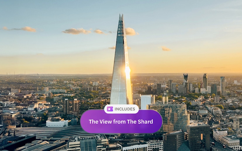 Aerial view of the Shard tower in central London at sunset.