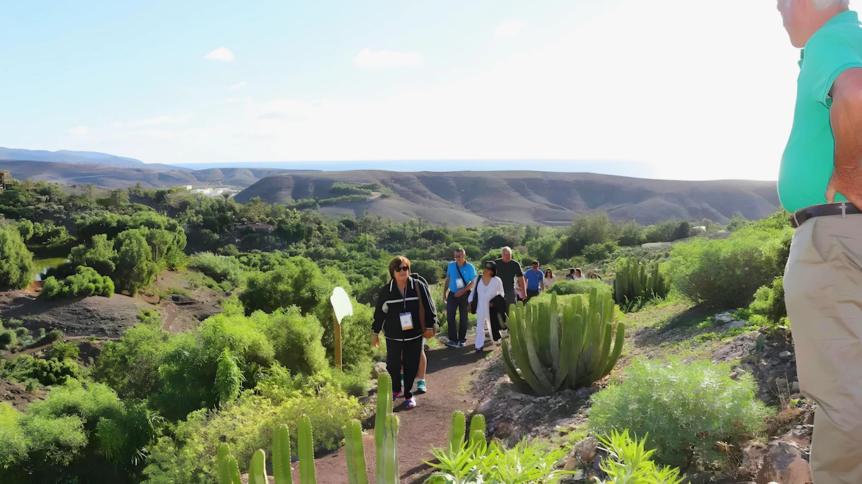 Group hiking through lush landscape on Oasis Wildlife trek.