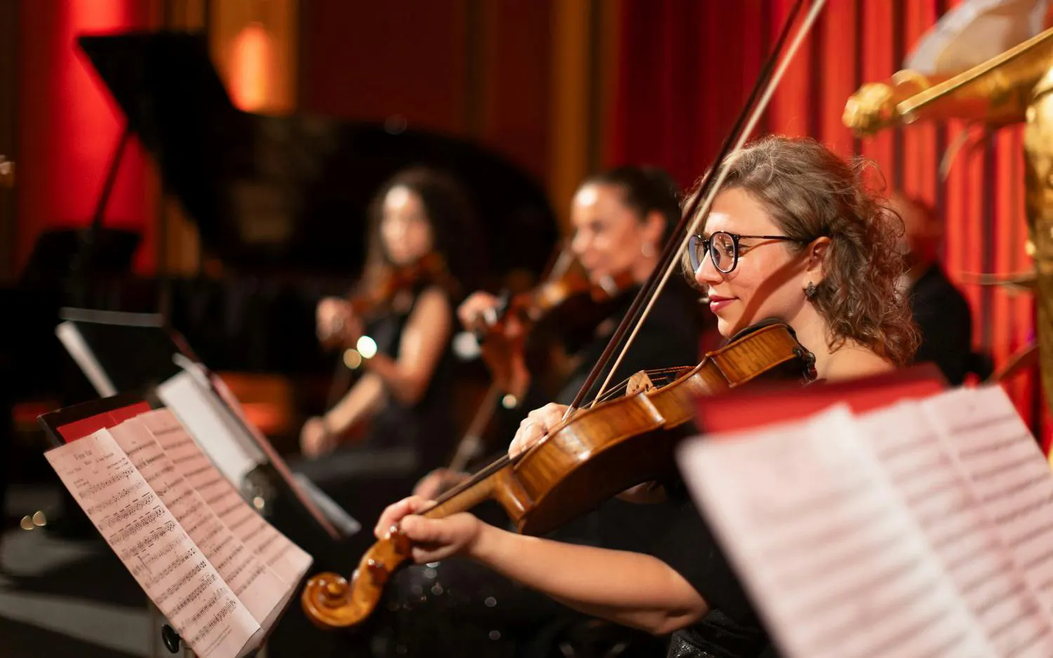 Musicians playing violins during a classical concert in Vienna, Austria.