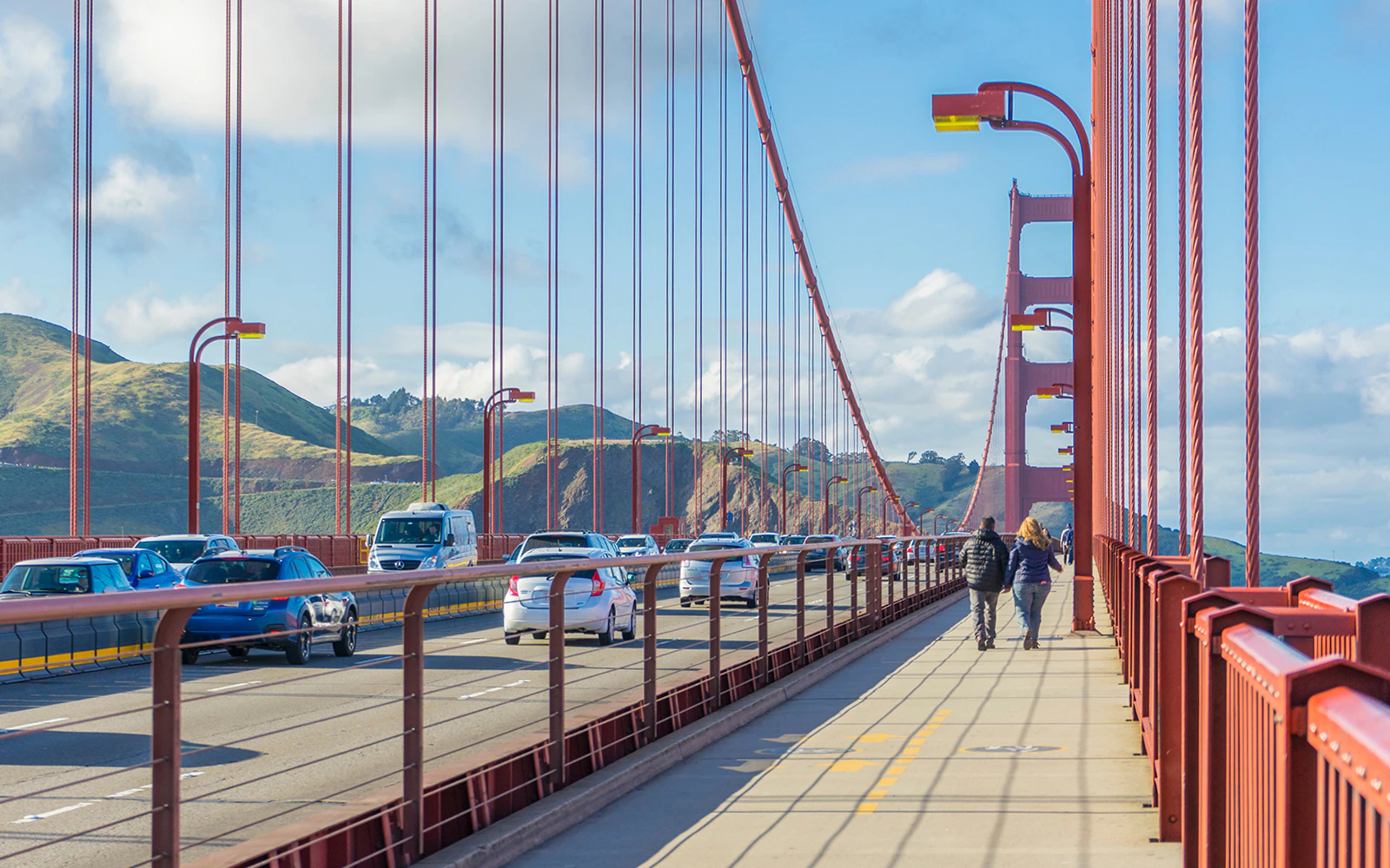 Golden Gate Bridge with cars and pedestrians, San Francisco, California.