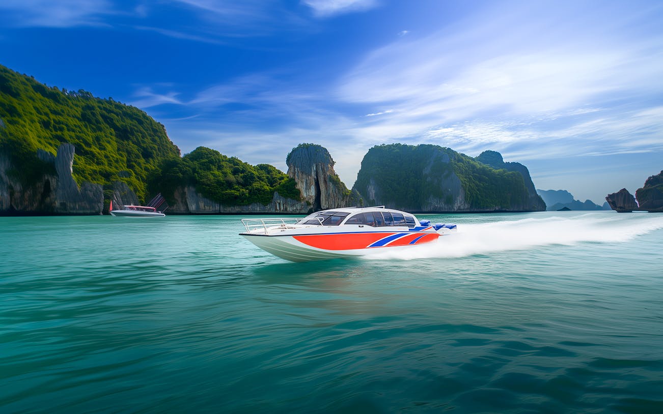 Speedboat cruising near Khai Islands with lush cliffs, part of a half-day tour from Phuket.