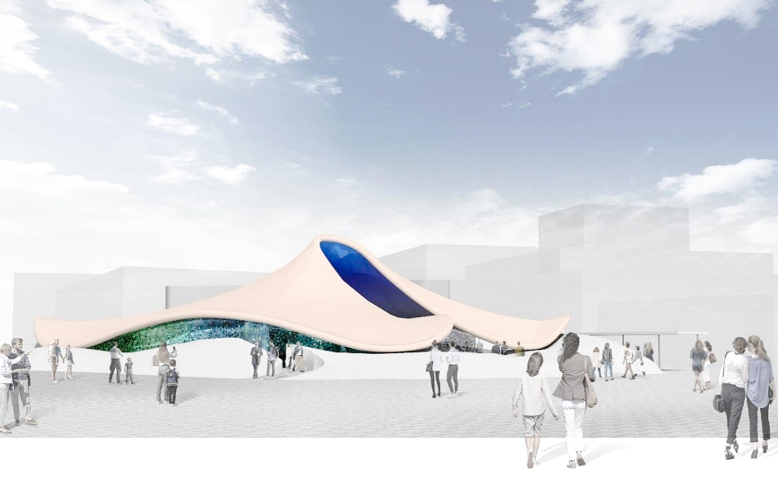 Pavilion with flowing roof design at Dynamic Equilibrium of Life, Osaka Expo.