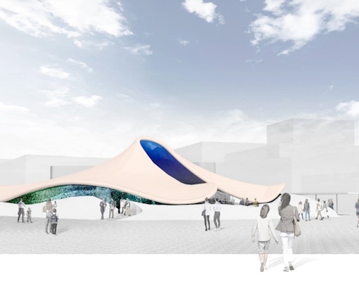 Pavilion with flowing roof design at Dynamic Equilibrium of Life, Osaka Expo.