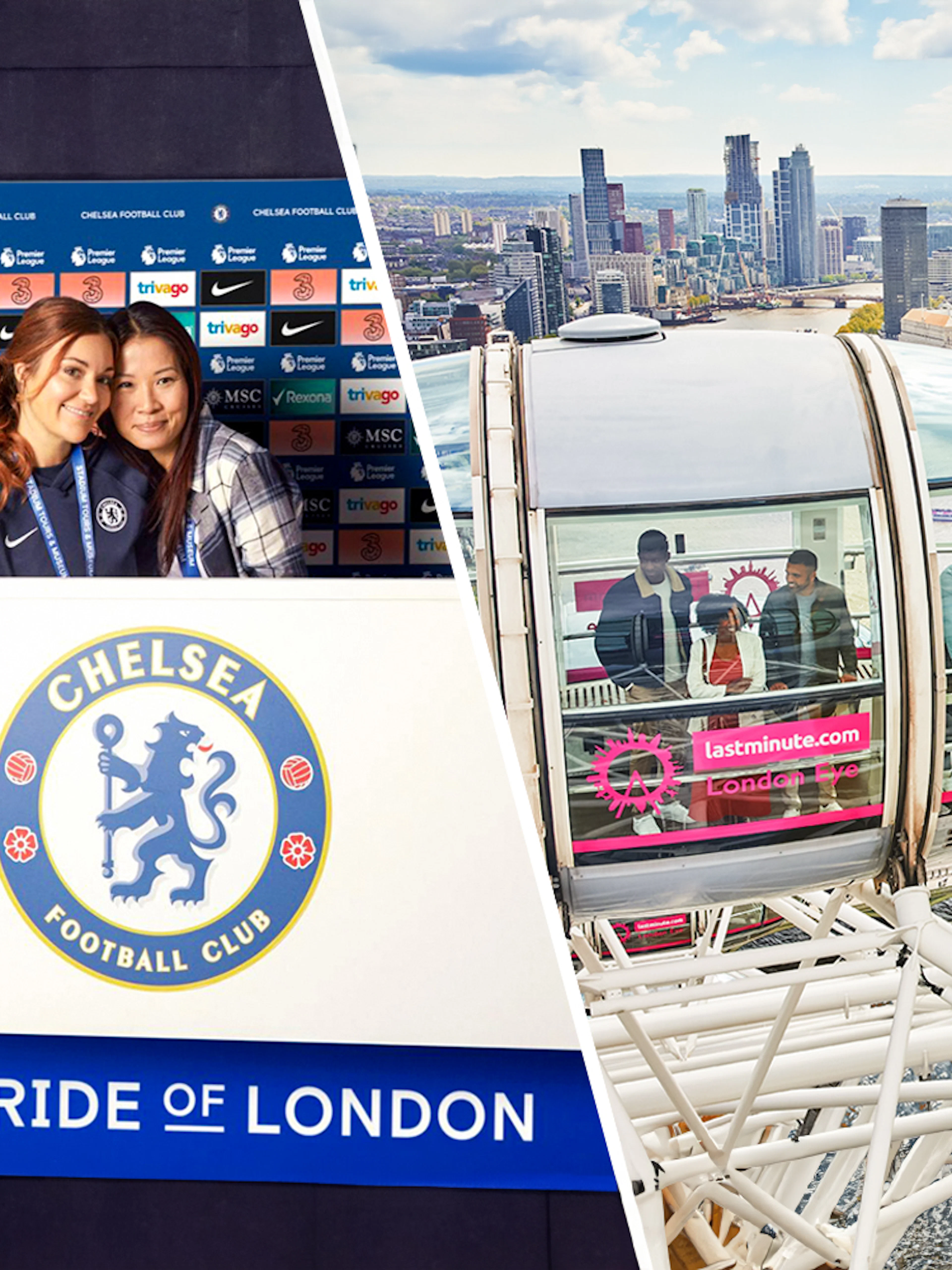 Chelsea FC press room and London Eye capsule overlooking Thames River.
