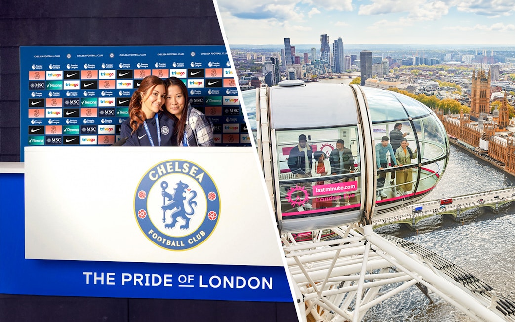 Chelsea FC press room and London Eye capsule overlooking Thames River.
