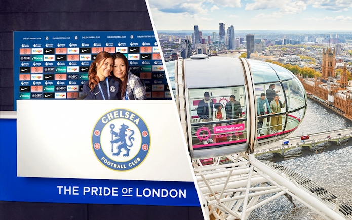 Chelsea FC press room and London Eye capsule overlooking Thames River.