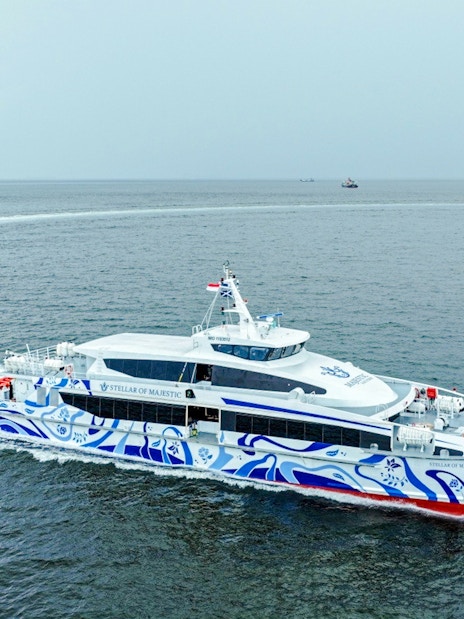 Ferry traveling from Singapore to Bintan across open sea.