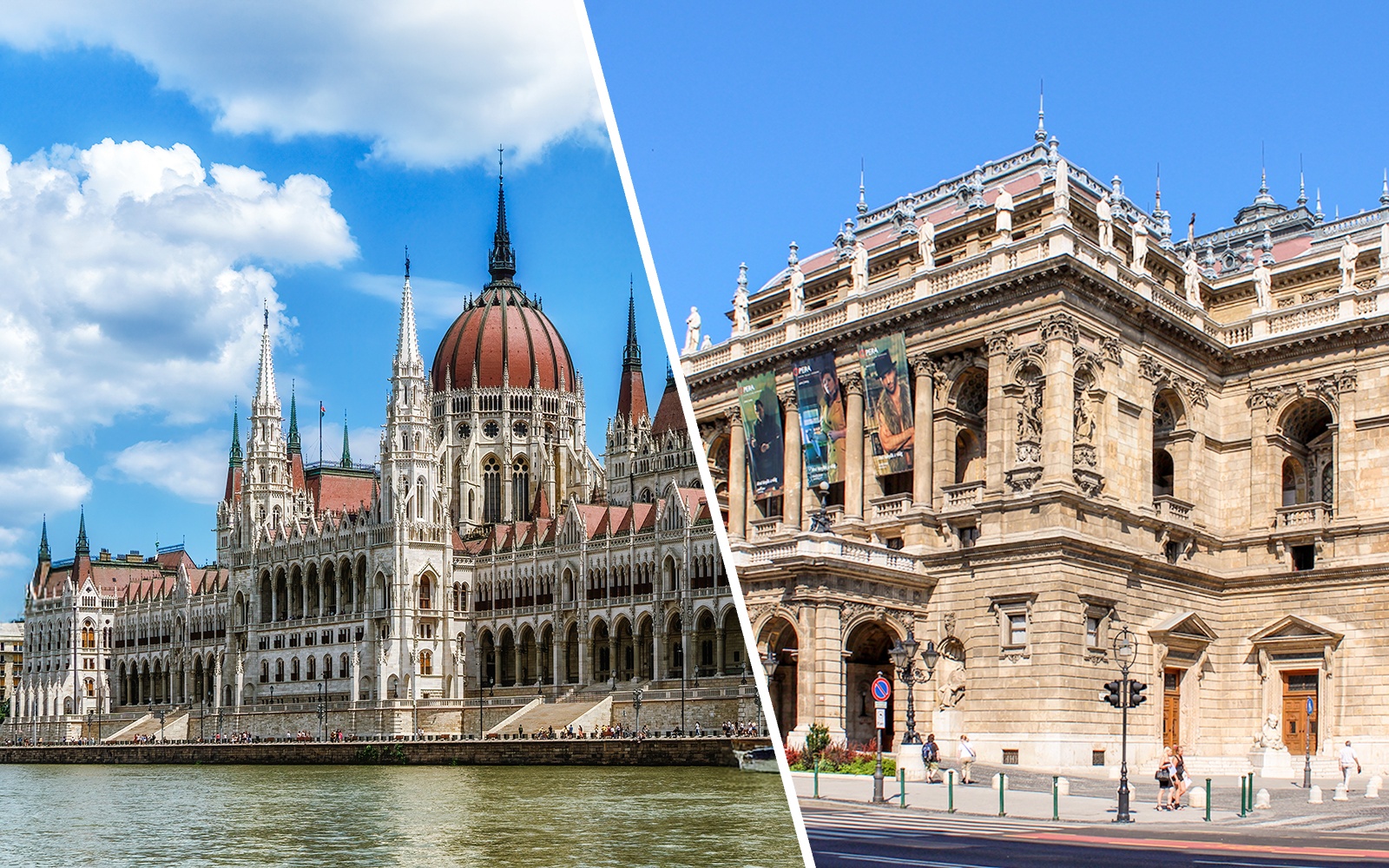 Hungarian Parliament and State Opera House in Budapest, Hungary.
