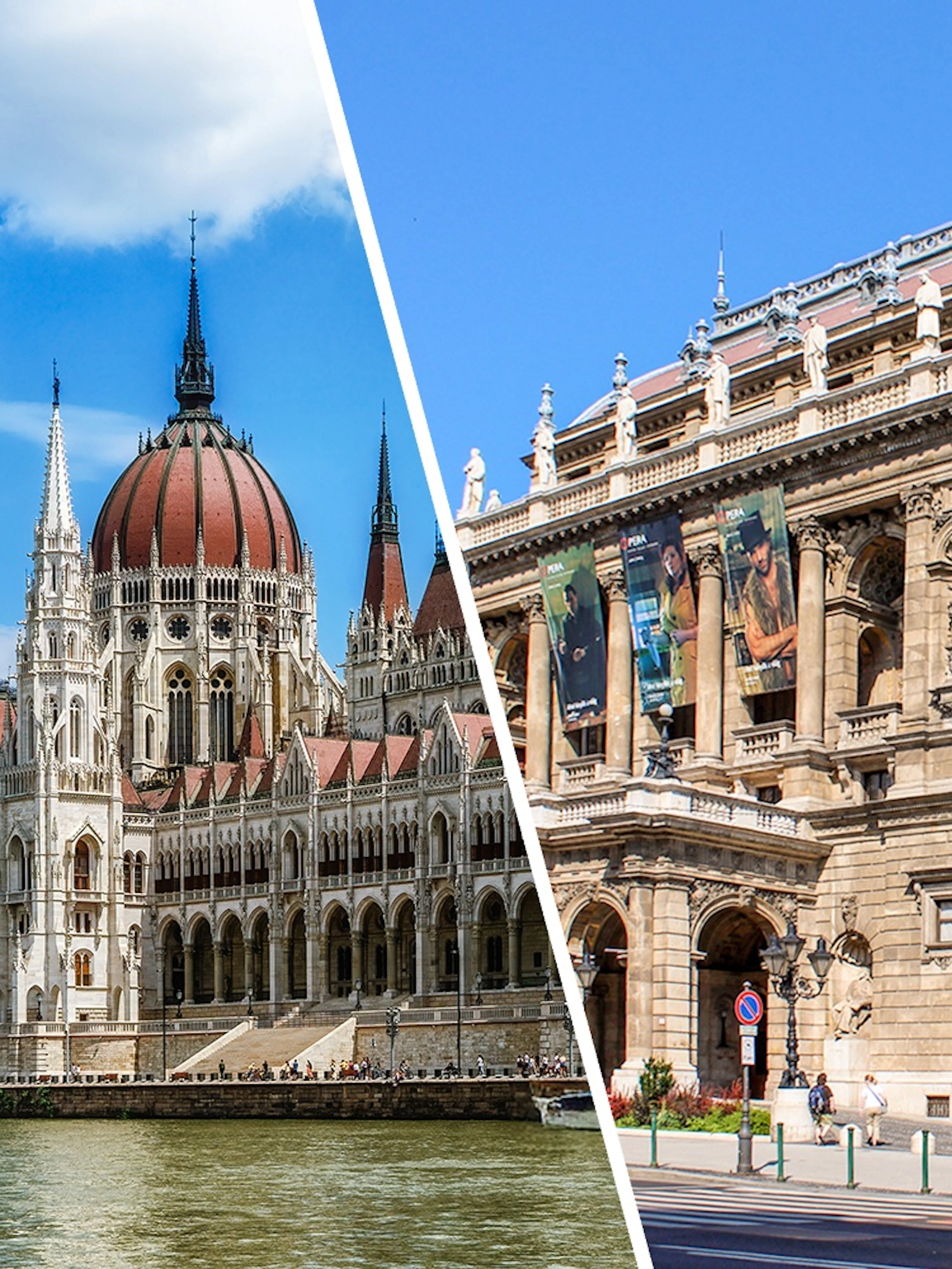 Hungarian Parliament and State Opera House in Budapest, Hungary.