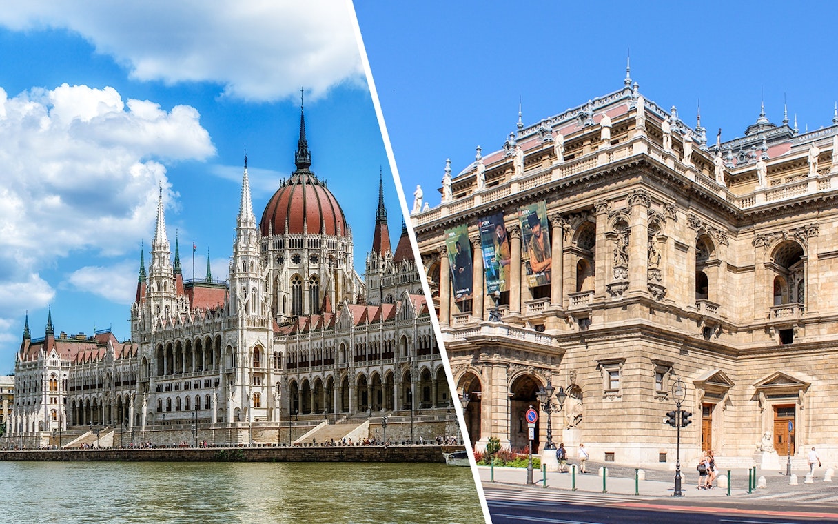 Hungarian Parliament and State Opera House in Budapest, Hungary.