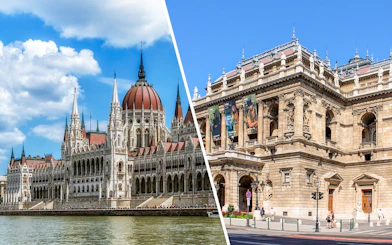 Hungarian Parliament and State Opera House in Budapest, Hungary.