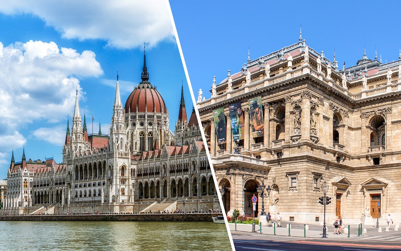 Hungarian Parliament and State Opera House in Budapest, Hungary.