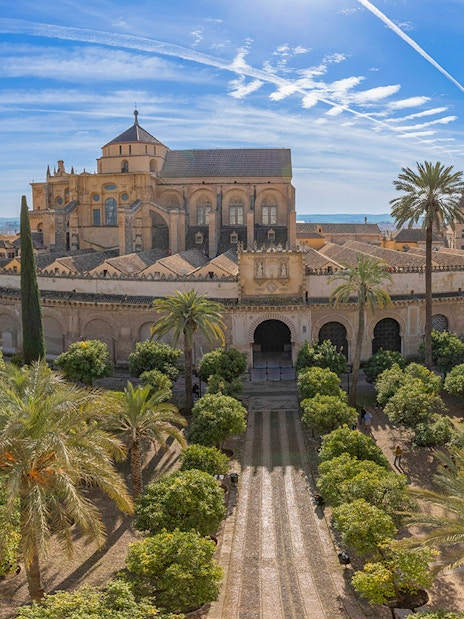 Cordoba Mosque-Cathedral exterior with gardens and palm trees under a blue sky.