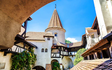 Bran Castle courtyard with medieval architecture in Transylvania.