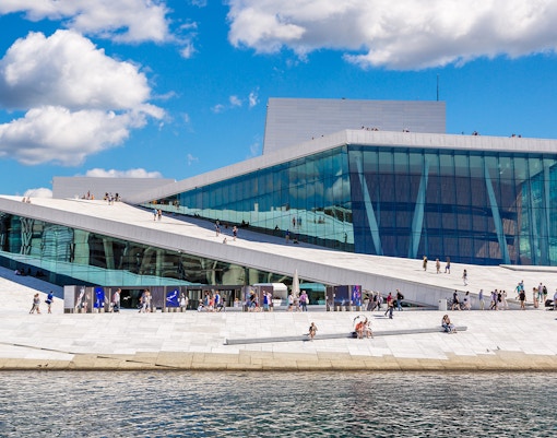 Hop-on hop-off bus near Oslo Opera House, Norway.