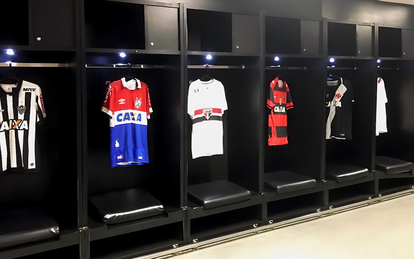 Locker room with football jerseys at Maracanã Stadium, Brazil.