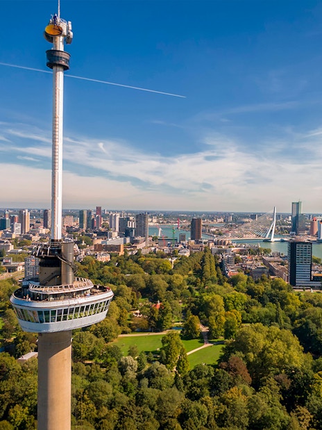 Aerial view of Rotterdam featuring the Euromast tower and Erasmus Bridge.