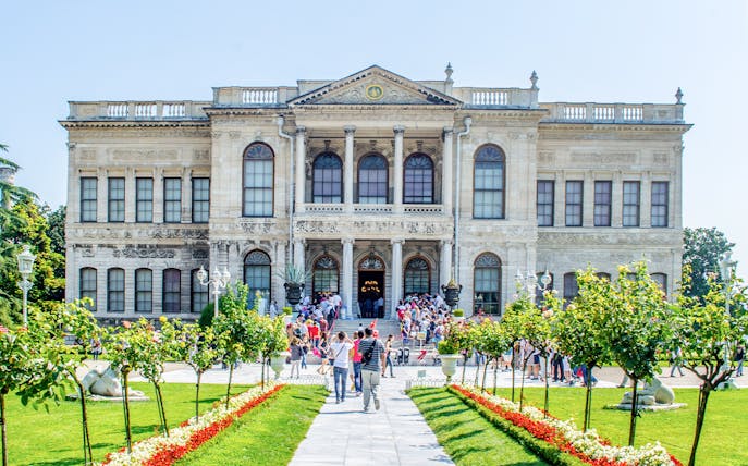 Dolmabahçe Palace entrance with tourists, Istanbul Bosphorus Cruise.