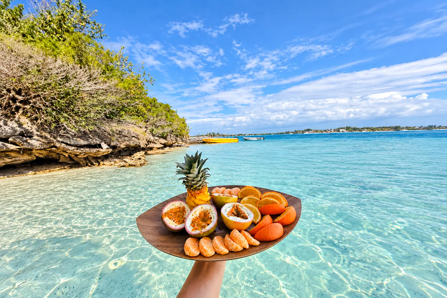 Tropical fruit platter held over clear waters in Mahebourg, Mauritius.