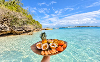 Tropical fruit platter held over clear waters in Mahebourg, Mauritius.