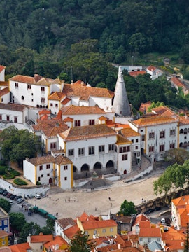 National Palace of Sintra with iconic chimneys, Lisbon, Portugal.