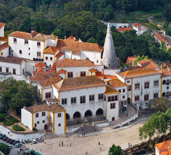 National Palace of Sintra with iconic chimneys, Lisbon, Portugal.