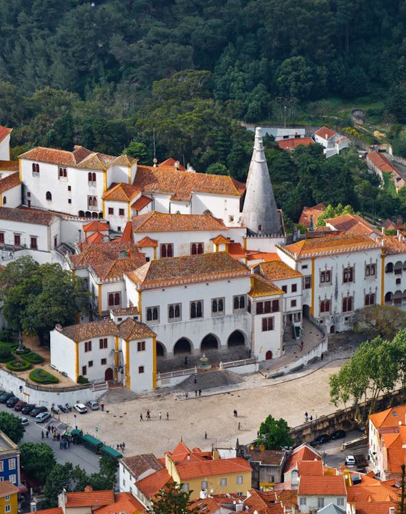National Palace of Sintra with iconic chimneys, Lisbon, Portugal.